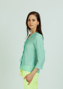 Dr. Bloom Turquoise Dot Ruffle Top