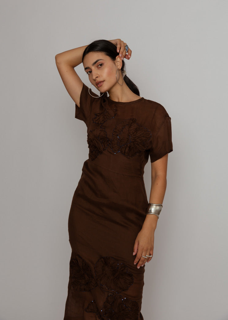 Mantu Brown Voile Cornely Embroidered Fitted Dress Baby & Company Mantu Brown Voile Cornely Embroidered Fitted Dress Baby & Company