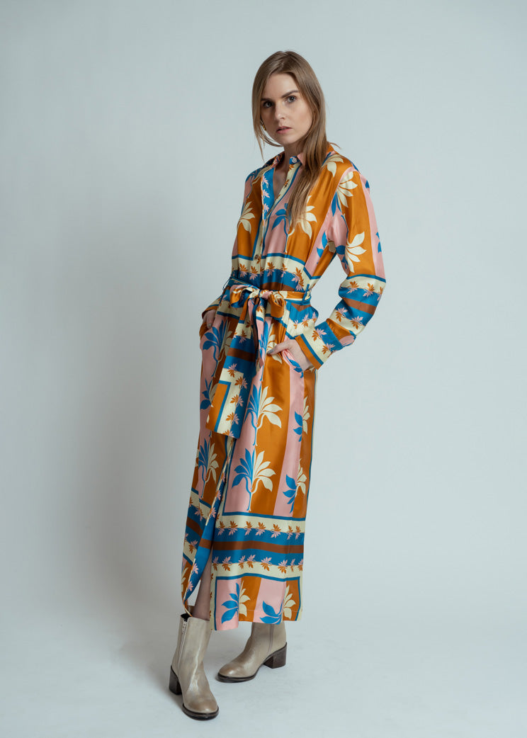 blue palm dress Blue Palm Tree Print Cotton Mini Dress - Vacation Ready