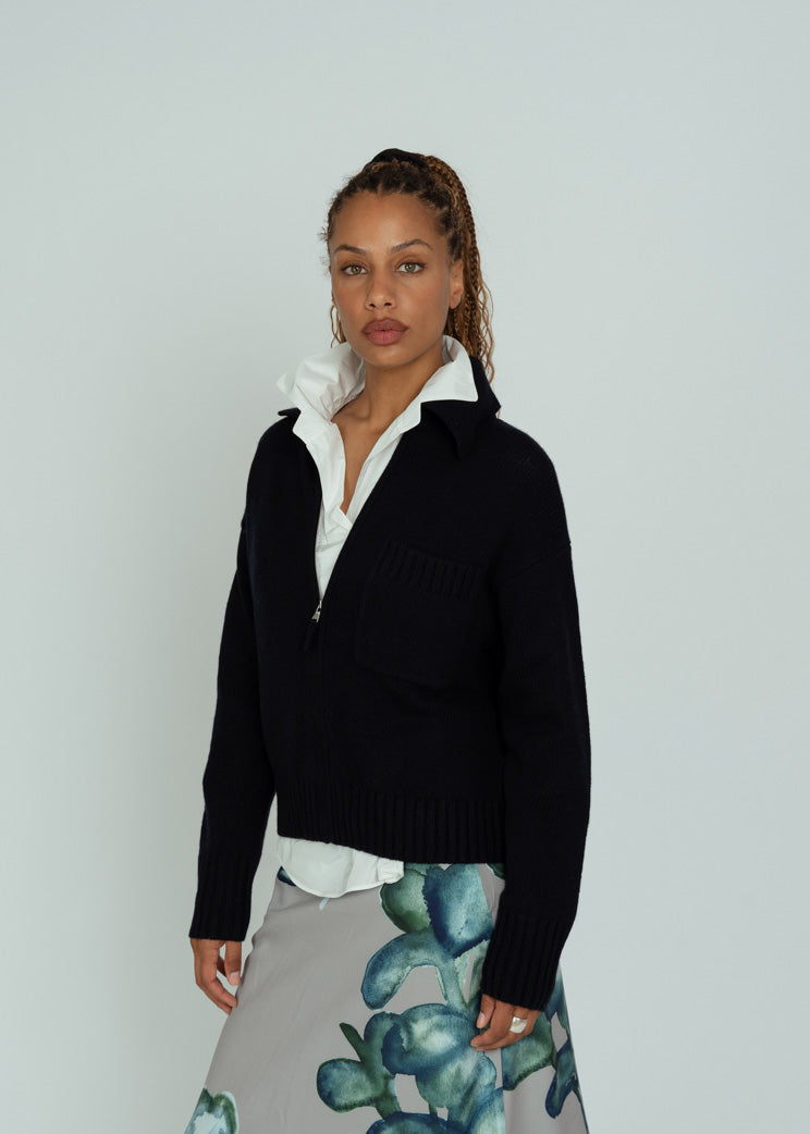 Allude Deep Night Zip Cardigan Sweater