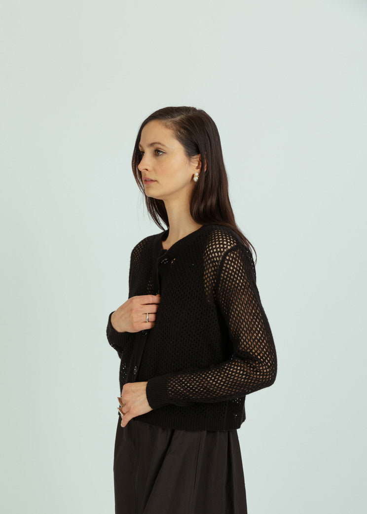 Allude Black Wool Cashmere Mesh Cardigan