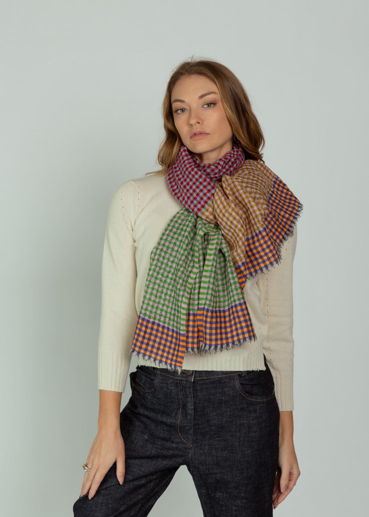 Epice Green/Red Mix Check Wool Scarf