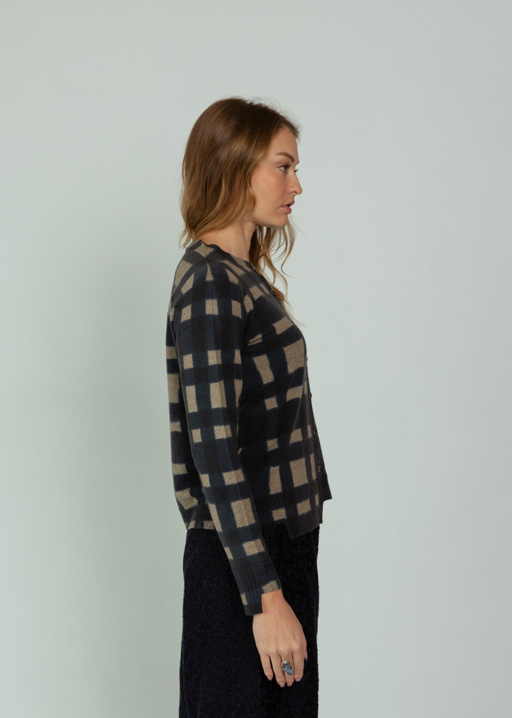 Antipast Navy Wool Cashmere Check Cardigan