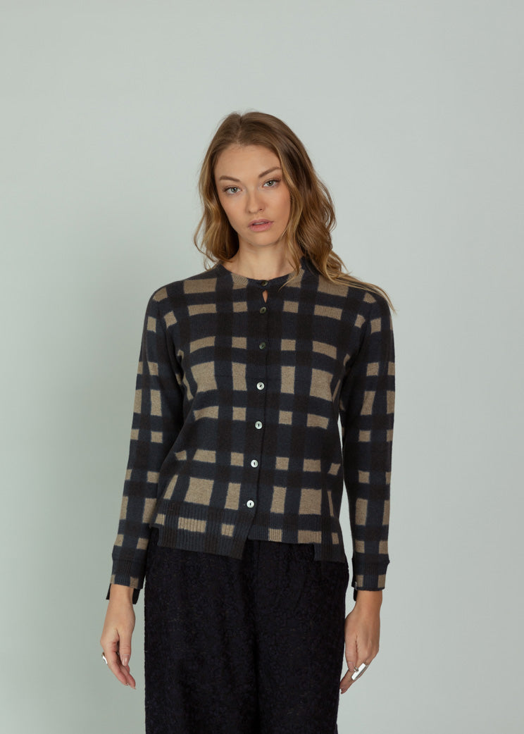Antipast Navy Wool Cashmere Check Cardigan