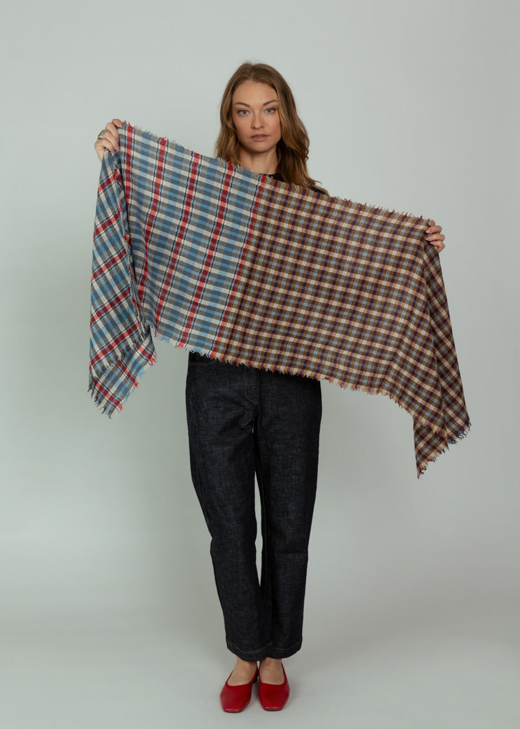 Epice Brown Blue Wool Check Scarf