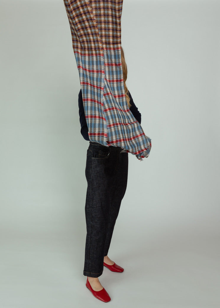 Epice Brown Blue Wool Check Scarf