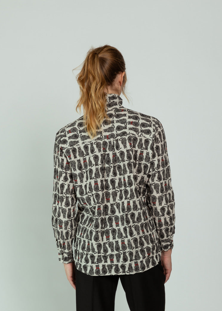 Pas De Calais Ivory Cat Patrol Cotton Shirt