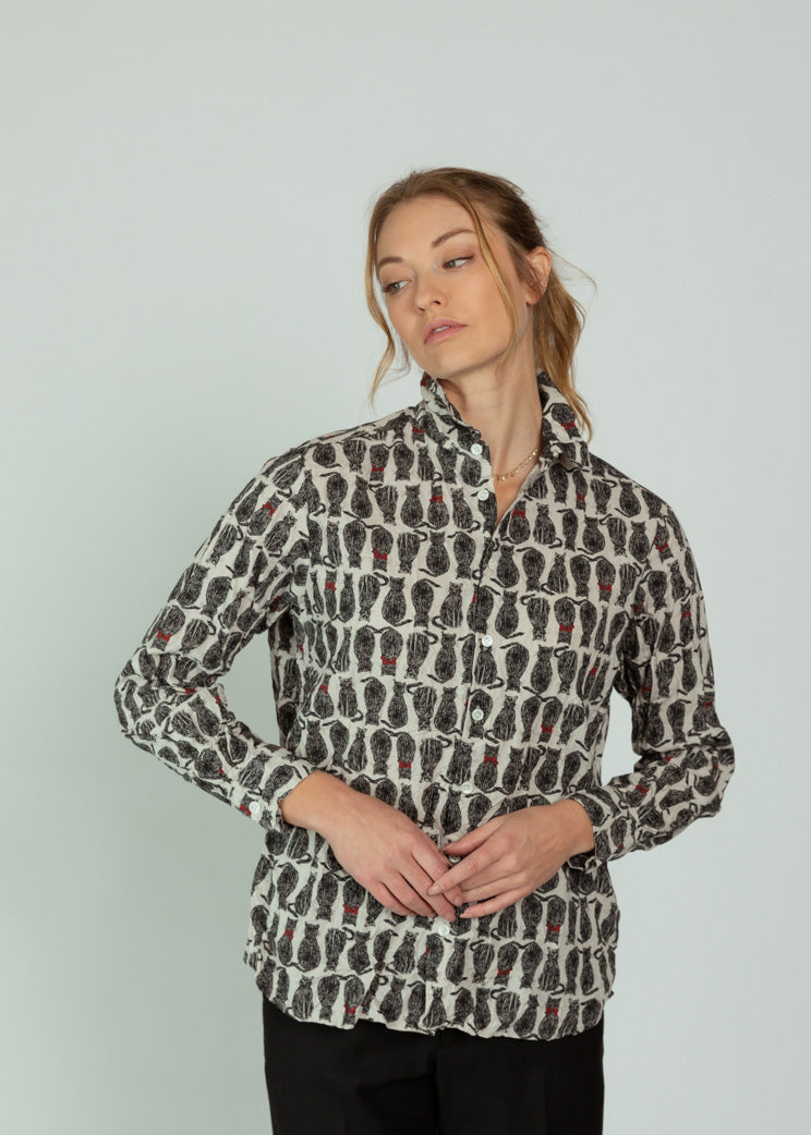 Pas De Calais Ivory Cat Patrol Cotton Shirt