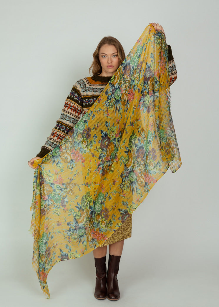 Epice Yellow Floral Wool Shawl
