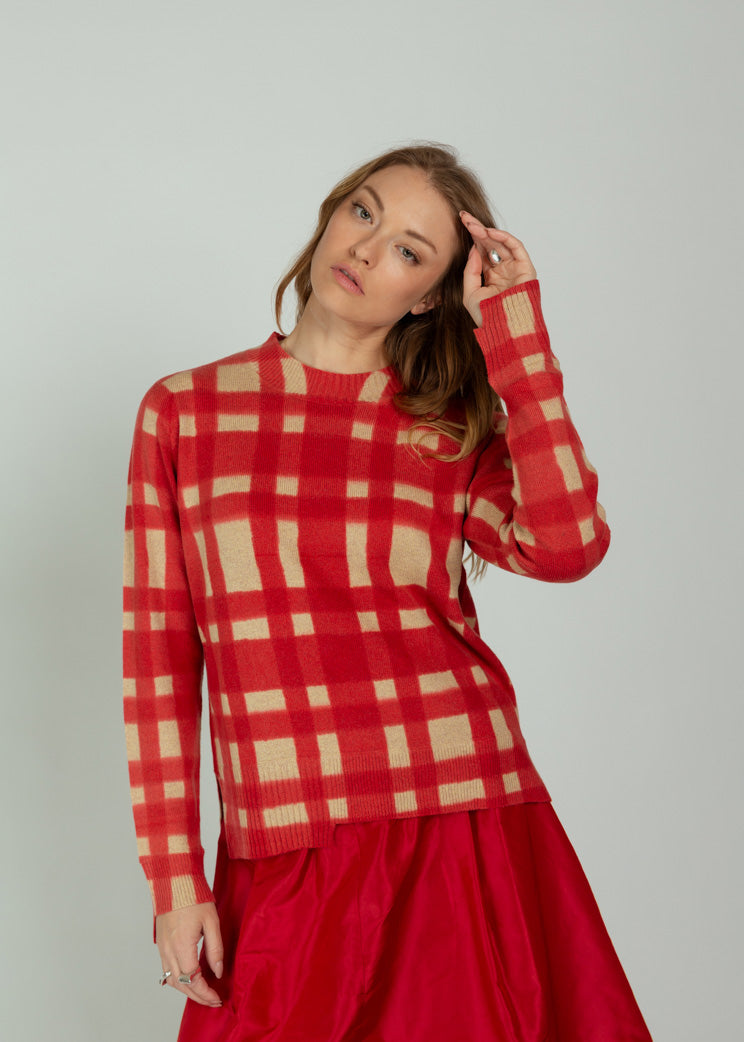 Antipast Coral Wool Cashmere Check Pullover