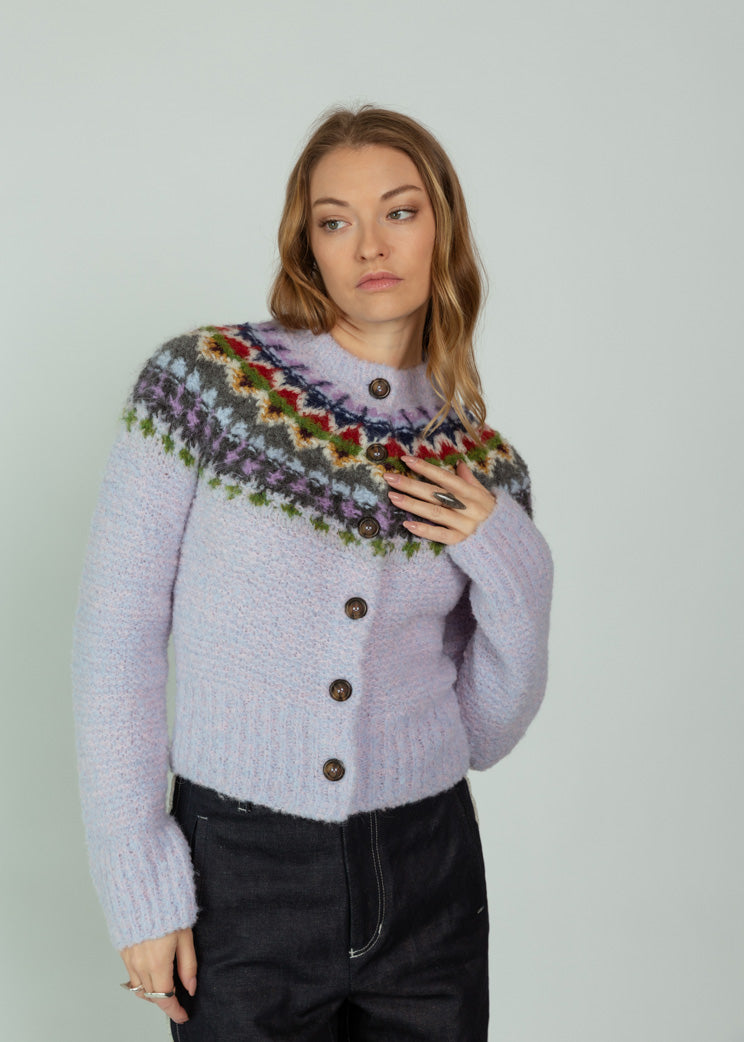 Smythe Lilac Fair Isle Cardigan Sweater