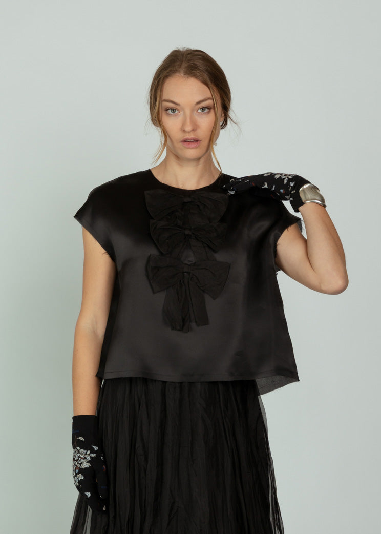 Louiza Babouryan Black Satin Organza Top with Bows