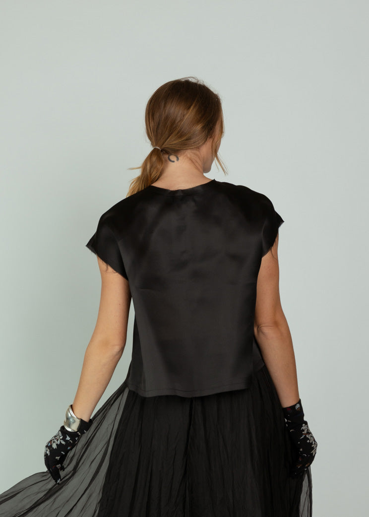 Louiza Babouryan Black Satin Organza Top with Bows