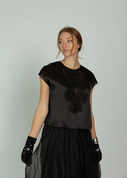 Louiza Babouryan Black Satin Organza Top with Bows – Baby & Company