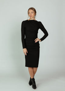 Ruched Knit Midi Dress in Black