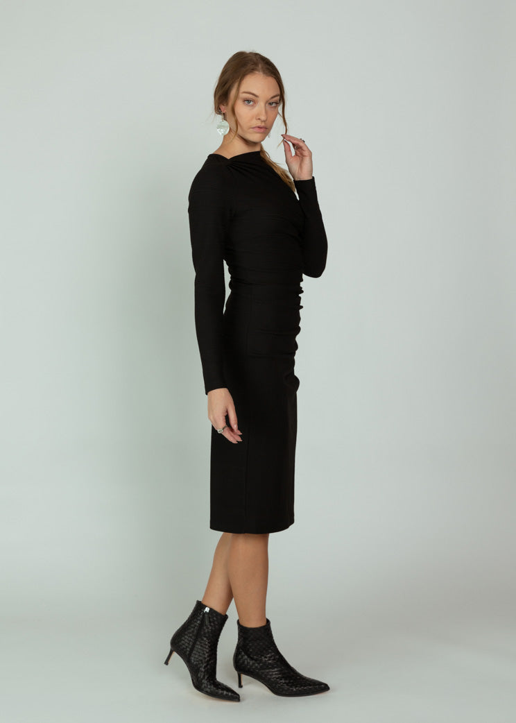 Smythe Black Ruched Knit Midi Dress