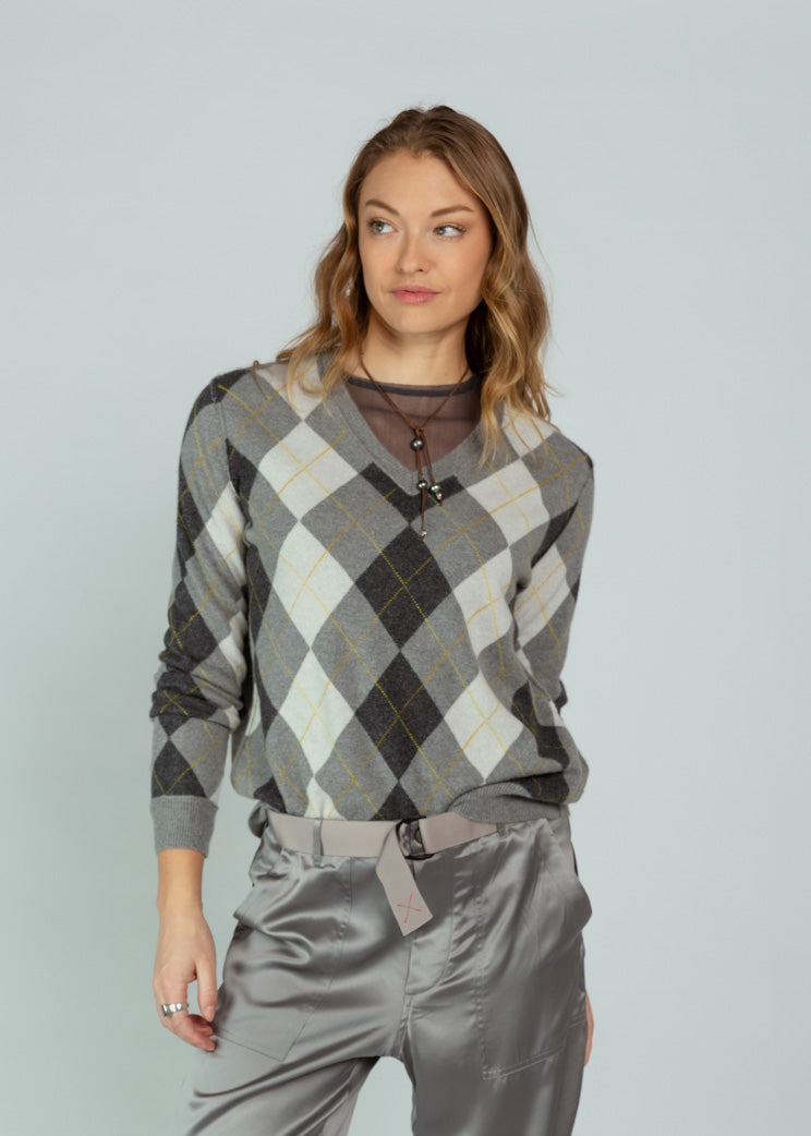 Brazeau Tricot Feather Argyle V-Neck Sweater