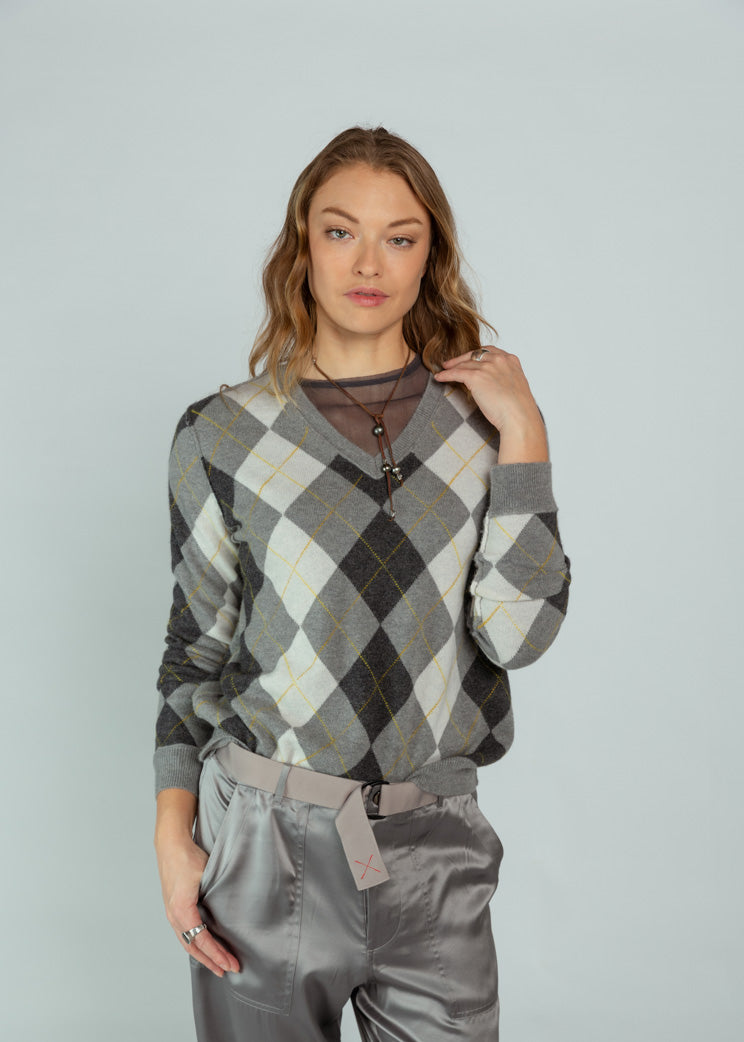Brazeau Tricot Feather Argyle V-Neck Sweater
