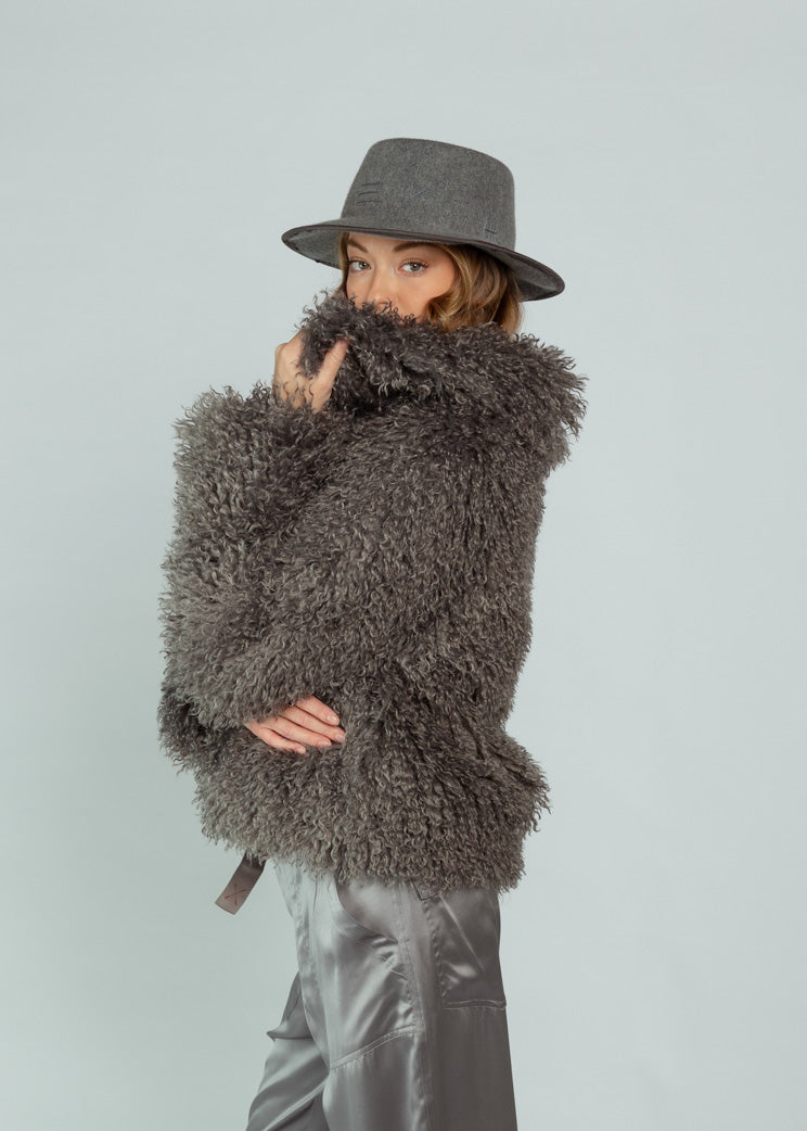 Brazeau Tricot Grey Faux Fur Shaggy Bomber
