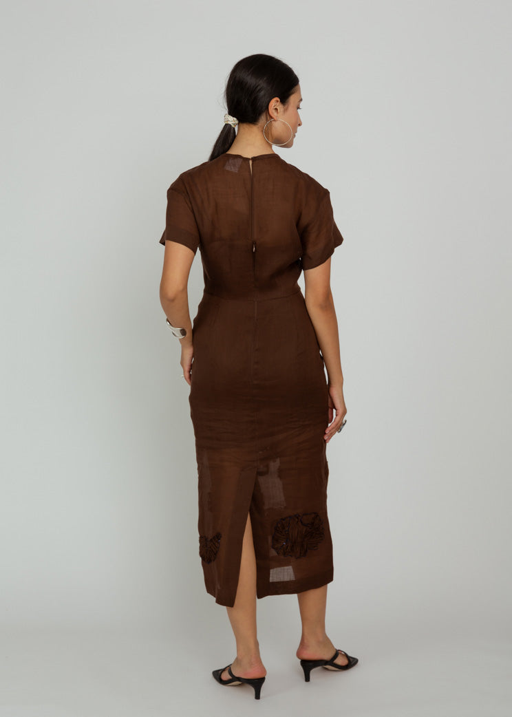 Mantu Brown Voile Cornely Embroidered Fitted Dress  Baby & Company