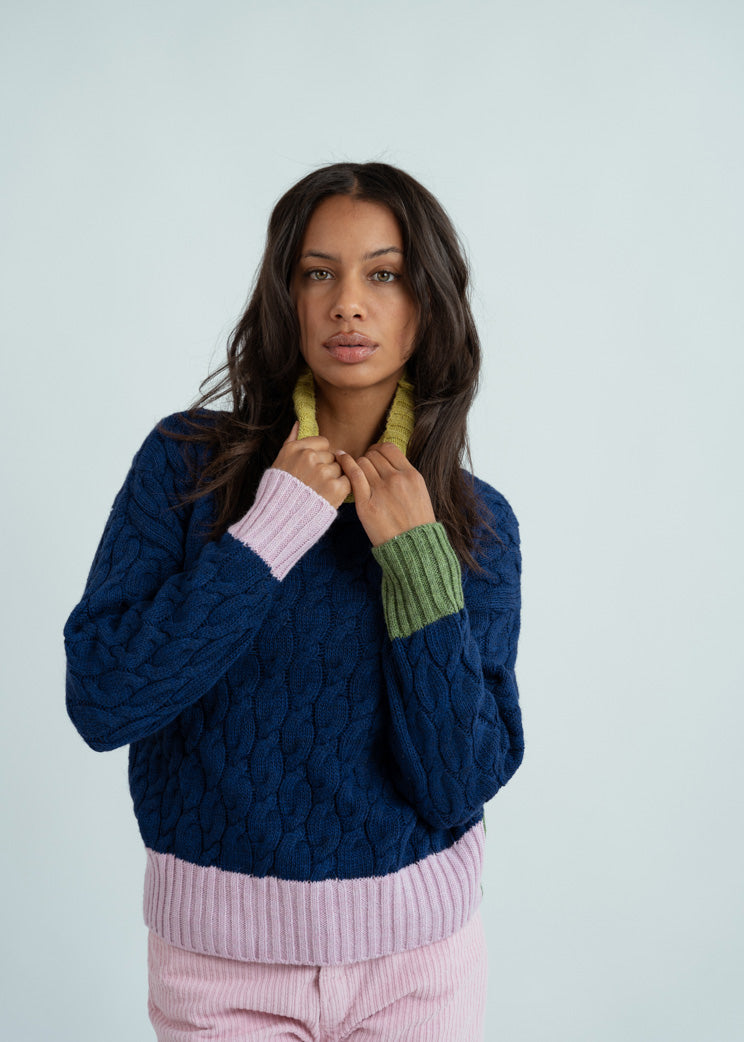 Dr. Bloom Blue Jazzy  Cable TNeck Sweater