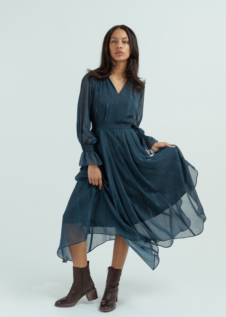 peacock blue dress Nora Noh Peacock Blue Herringbone Dress at Baby & Company