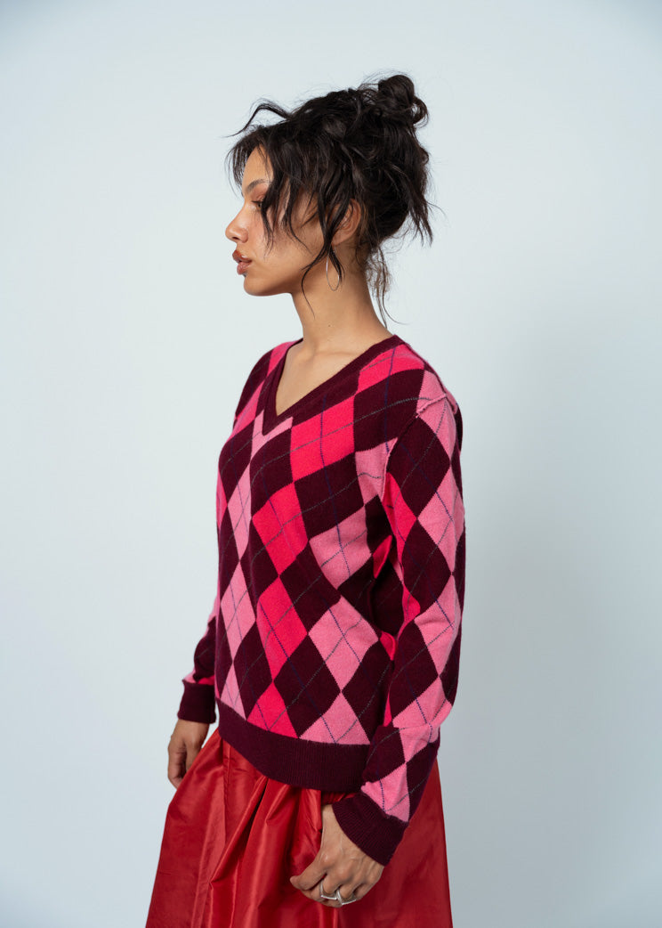 Brazeau Tricot Bordeaux Argyle V-Neck Sweater