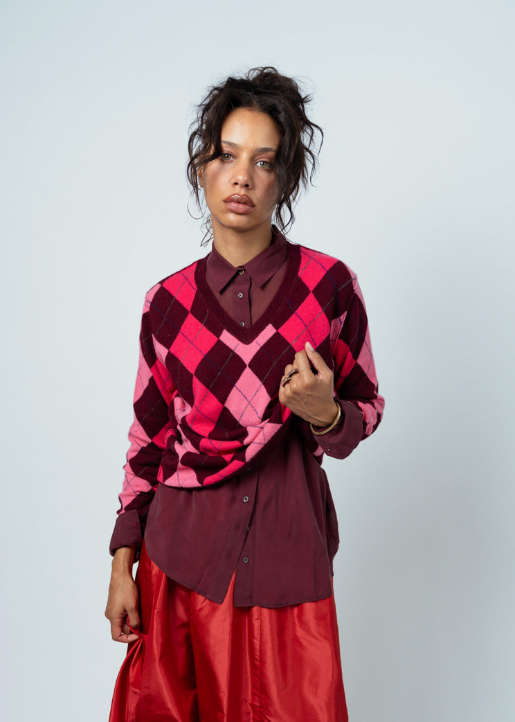 Brazeau Tricot Bordeaux Argyle V-Neck Sweater