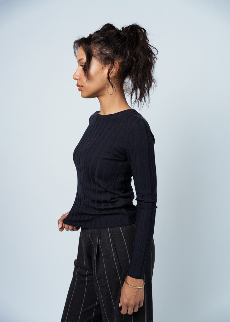 Allude Deep Night Wide Rib Wool Sweater