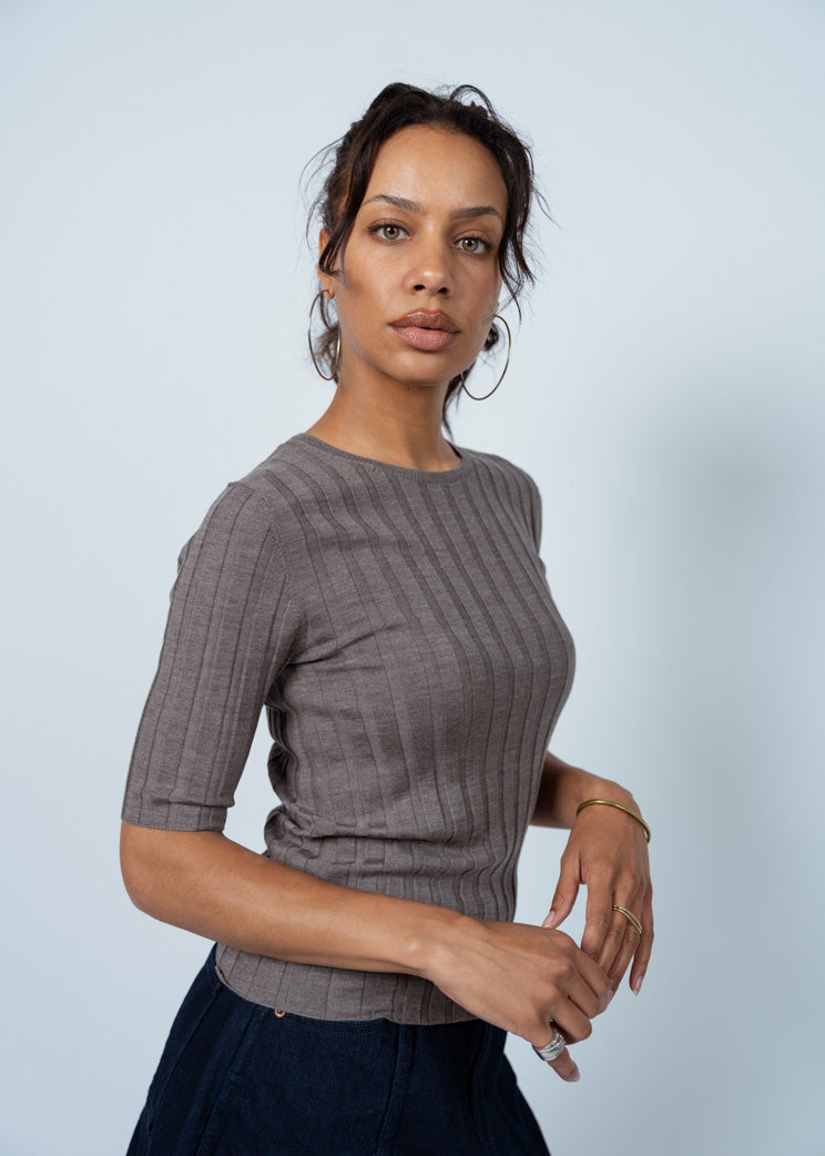 Allude Sable Wide Rib Short Sleeve Sweater