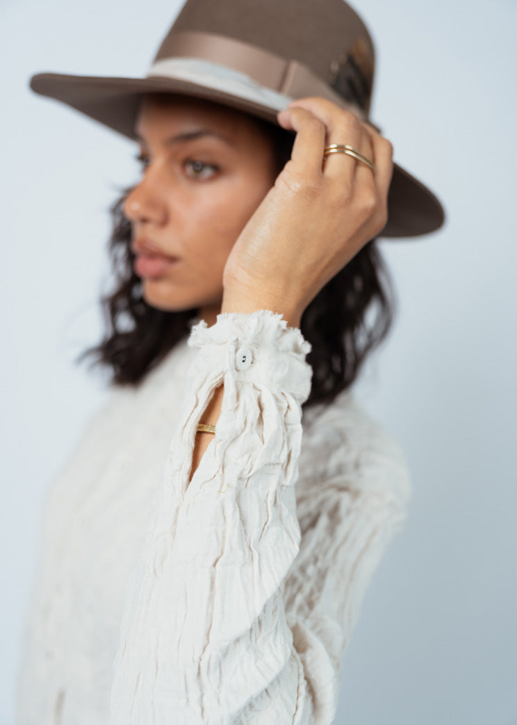 Pas De Calais Ivory Plain Shirring Cotton Blouse