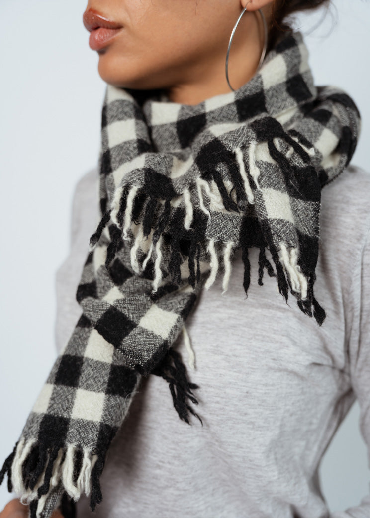 Pas De Calais Black Block Check Cashmere Scarf