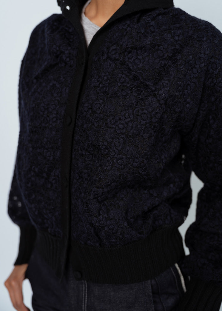 Antipast Black Navy Wool Cotton Lace Knit Cardigan