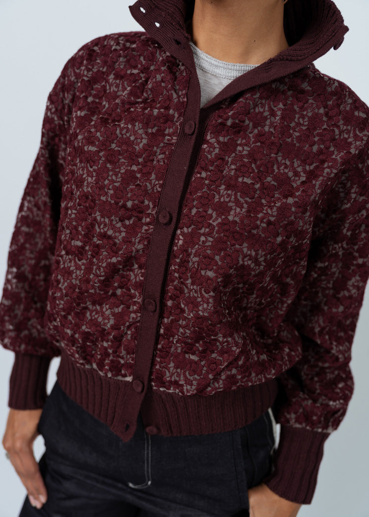 Antipast Wine Wool Cotton Lace Knit Cardigan