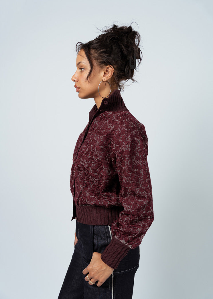 Antipast Wine Wool Cotton Lace Knit Cardigan