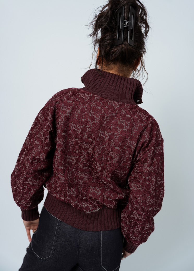 Antipast Wine Wool Cotton Lace Knit Cardigan