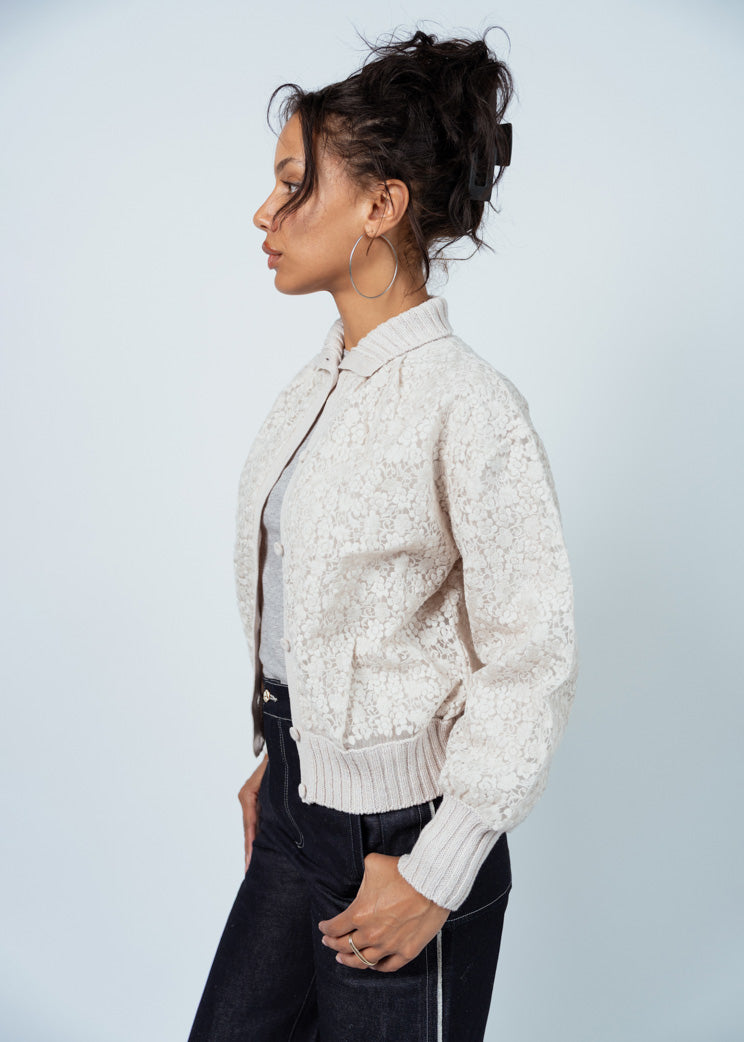 Antipast Ivory Wool Cotton Lace Knit Cardigan