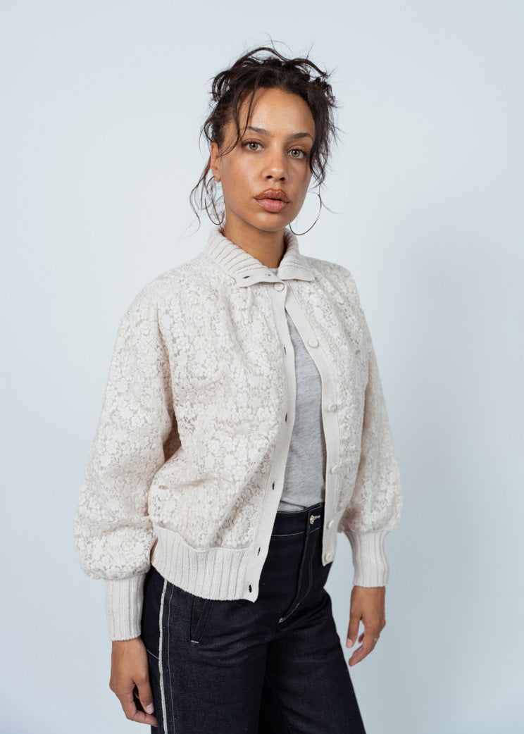 Antipast Ivory Wool Cotton Lace Knit Cardigan