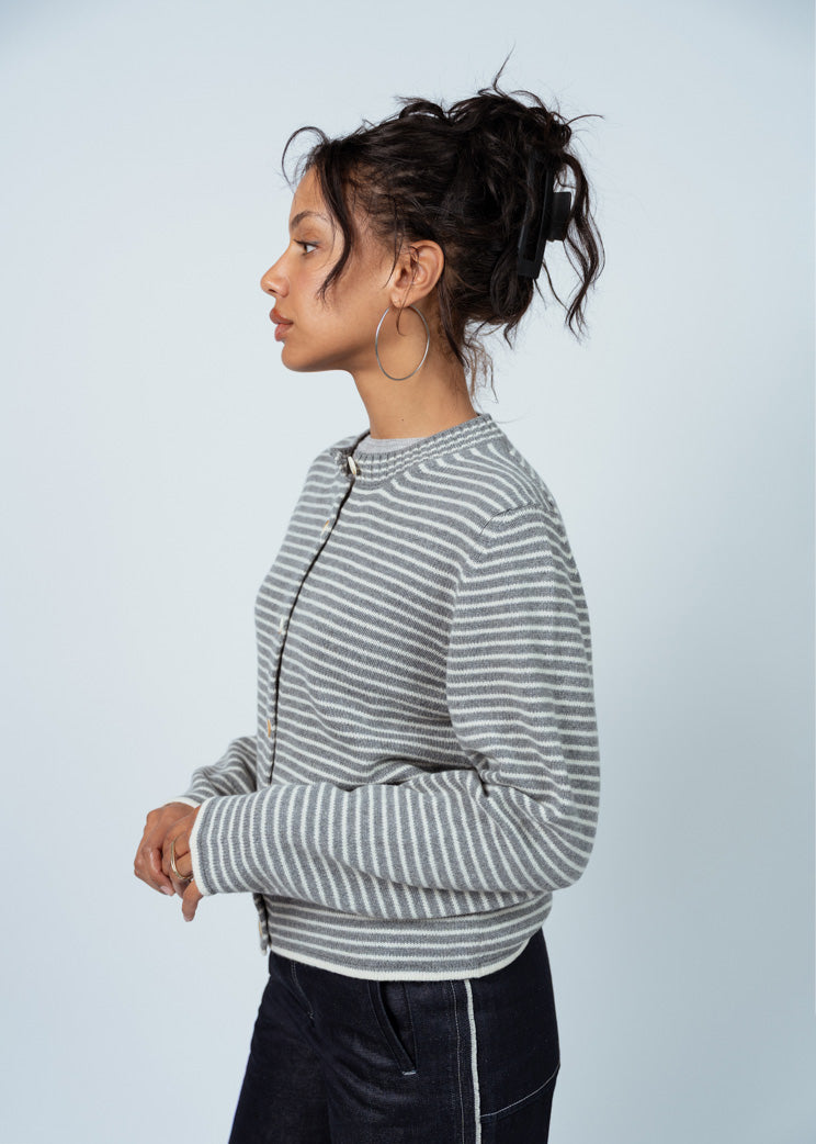 MJ Watson Grey/Natural Stripe Cashmere Cardigan