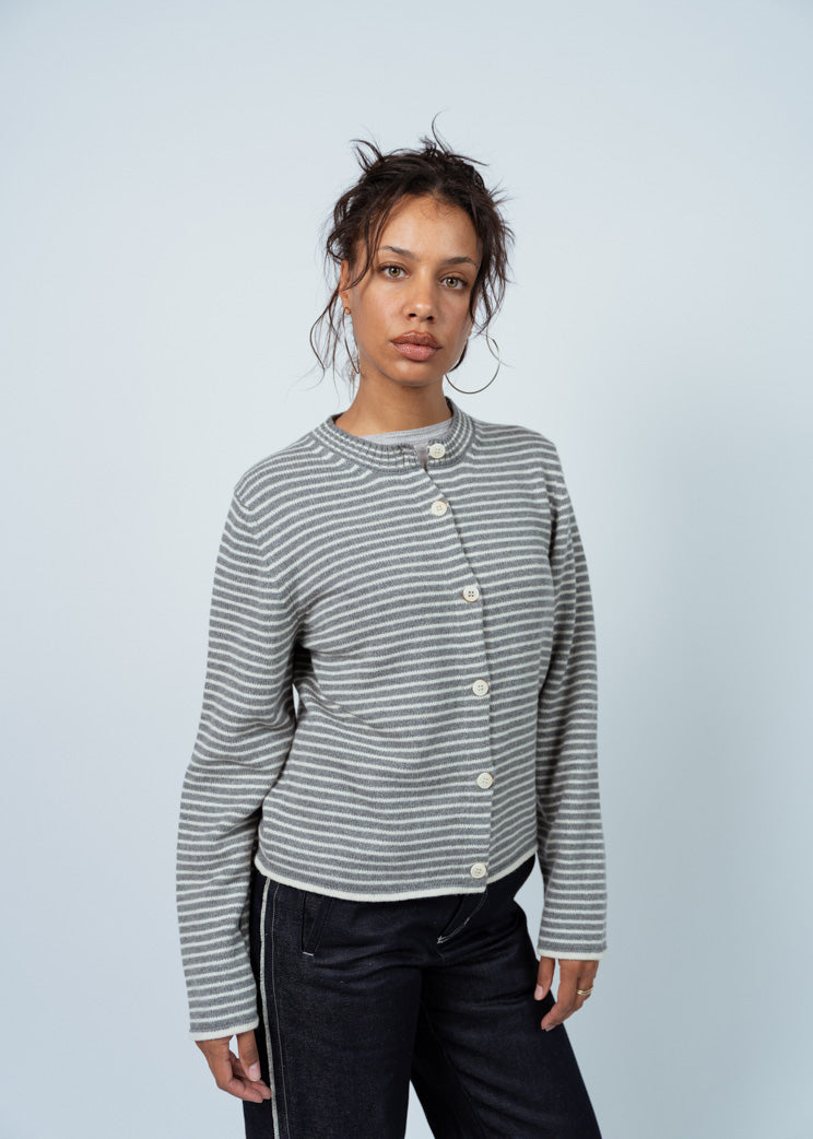 MJ Watson Grey/Natural Stripe Cashmere Cardigan