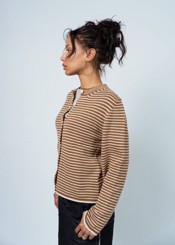 MJ Watson Tobacco/Natural Stripe Cashmere Cardigan