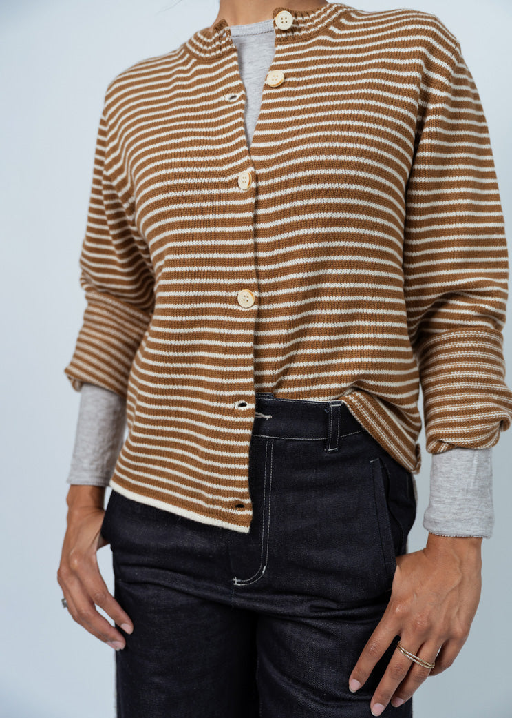 MJ Watson Tobacco/Natural Stripe Cashmere Cardigan