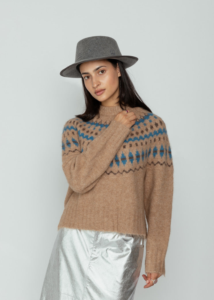 No. 6 Stripe Camel Blue Cardiff Sweater