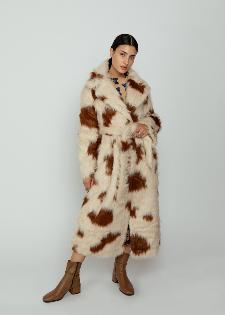 Cow Print Fluffy Coat OOFWear Cow Print Eco Fur Long Coat