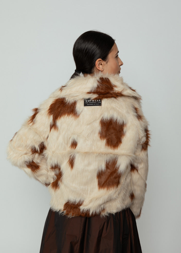 OOFWear Hooded Cow Print Faux Fur Short Jacket