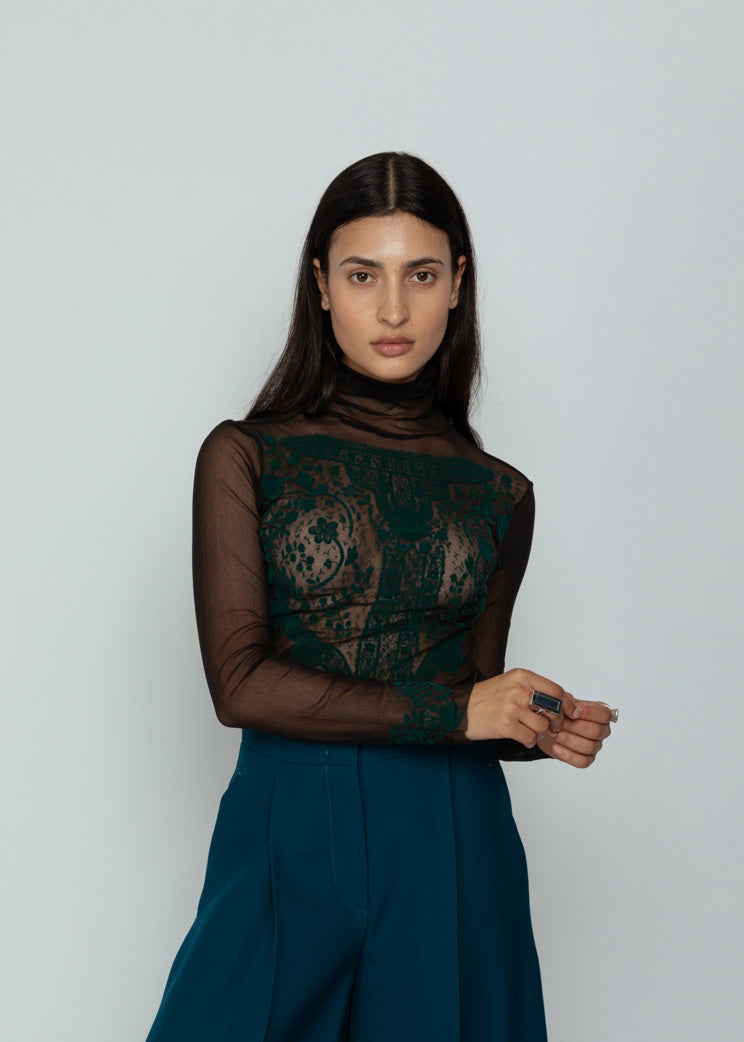 Antipast Black Mesh T-Neck with Green