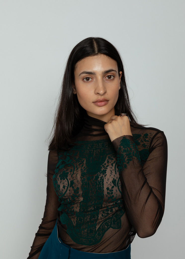 Antipast Black Mesh T-Neck with Green