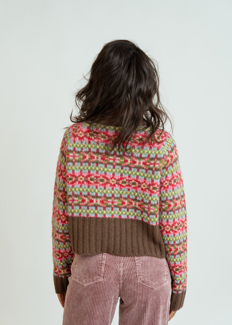 Smythe Pink Fair Isle Cropped Crewneck Sweater