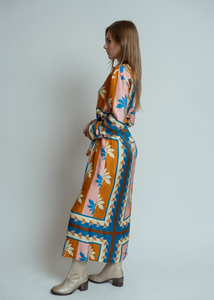 caribbean blue dresses Odeeh Silk Palm Fans Dress Model is 58 wearing
